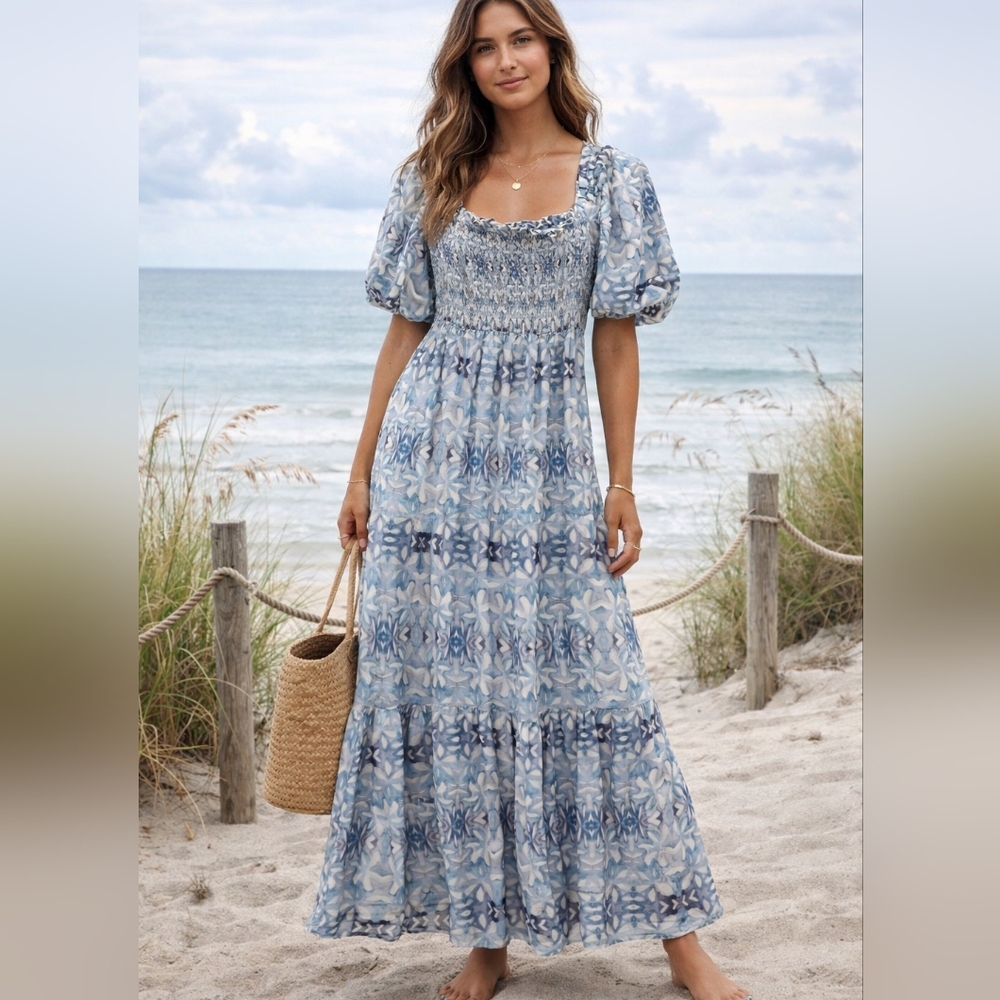 Blue Spring Beachy Coastal Linen Maxi Dress Puffy Sleeves Cottagecore Boho Small